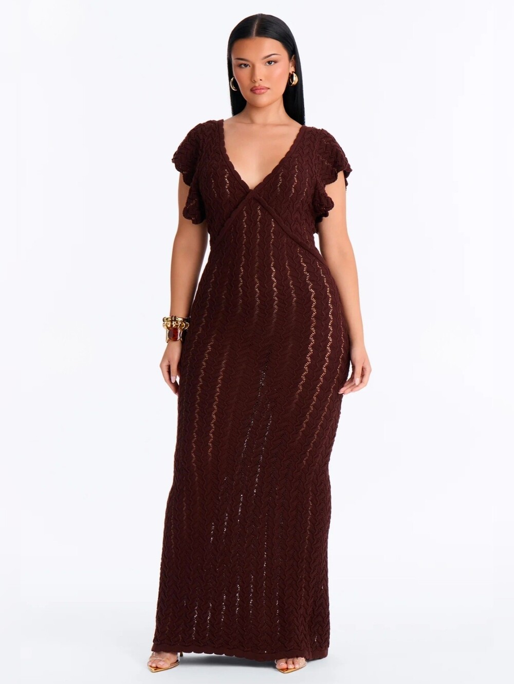 Brown Crochet Maxi Dress with Flutter Sleeves